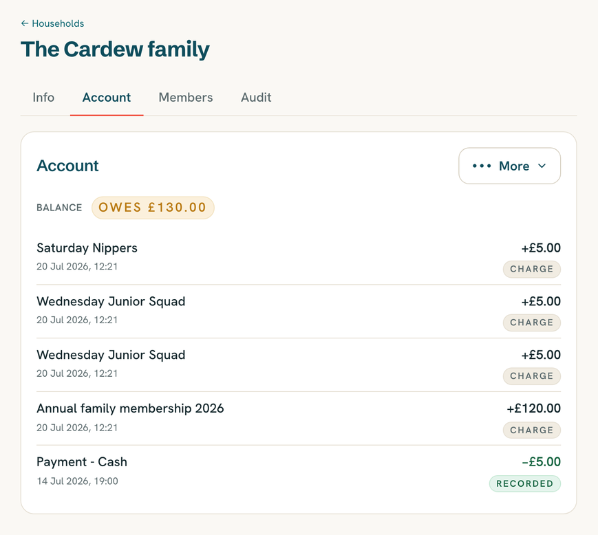 A family's balance in Reskoo, showing what's owed and a statement of session charges and a recorded payment.