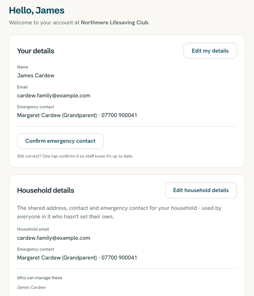 The member portal in Reskoo, where a member sees their own details, emergency contact and household.