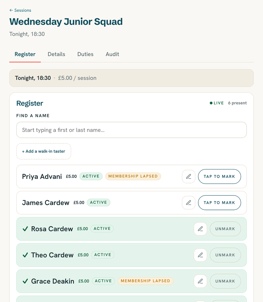 The Reskoo register for a poolside session, with members listed and a tap-to-mark control beside each name.