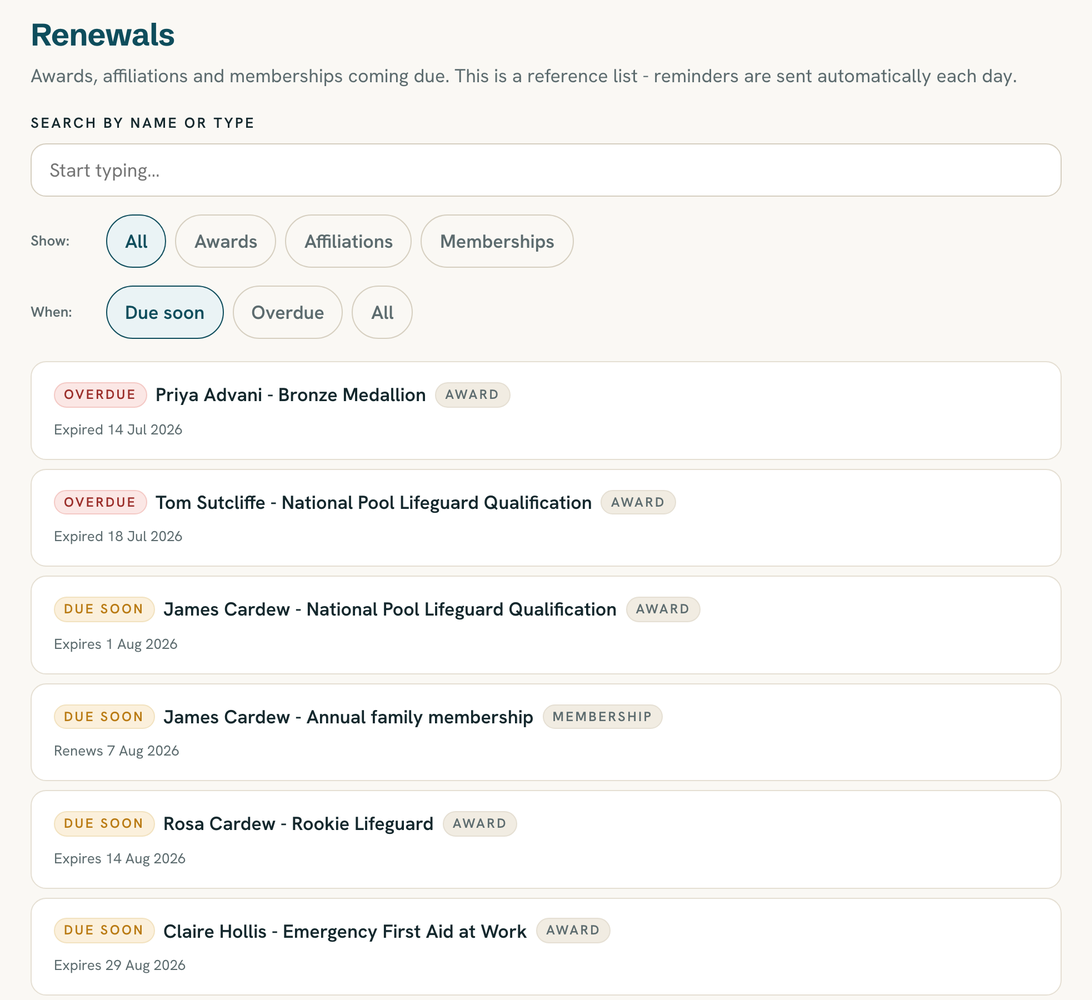 Reskoo's renewals list, showing awards and memberships that are overdue or coming due, each with its date.